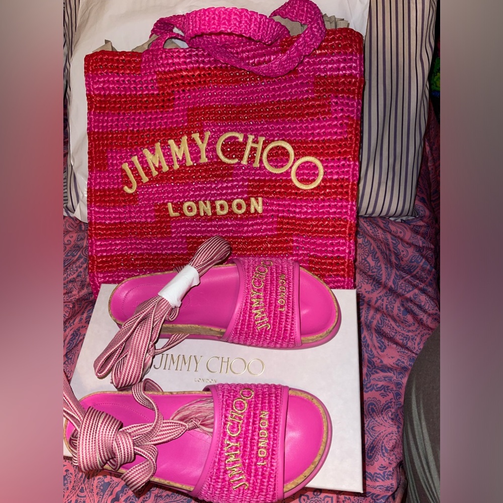 Jimmy Choo raffia beach tote & lace up sandals size 38 Brand NEW